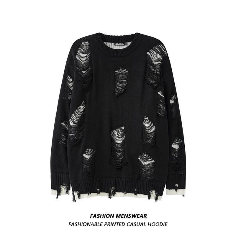 Unisex Oversized Distressed Knit Sweater With Fringe Detail - Casual Crewneck Pullover For Men & Women (Black, Grey)_viptrois.com