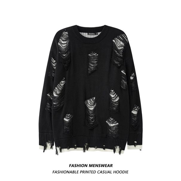 Unisex Oversized Distressed Knit Sweater With Fringe Detail - Casual Crewneck Pullover For Men & Women (Black, Grey)_viptrois.com