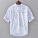 Summer fresh striped short-sleeved shirt men's trendy loose versatile casual literary men's wear embroidered cotton shirt C06_viptrois.com
