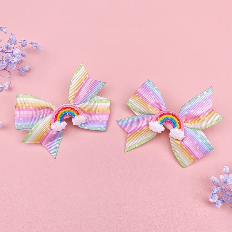 A Pair Of Girls' Fishtail Bow Hairpins, Baby Rainbow Cloud Bangs Clips, Polka Dot Thread Ribbon Hairpins_viptrois.com