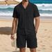 Men's Linen Cotton Short Sleeve Shirt And Shorts Set Casual Breathable Summer Outfit With Collar_viptrois.com