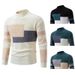 Men's Color-Block Semi-Turtleneck Sweater – Oversized Pullover Knit With Contrast Panels (Black/White/Khaki+Green)_viptrois.com