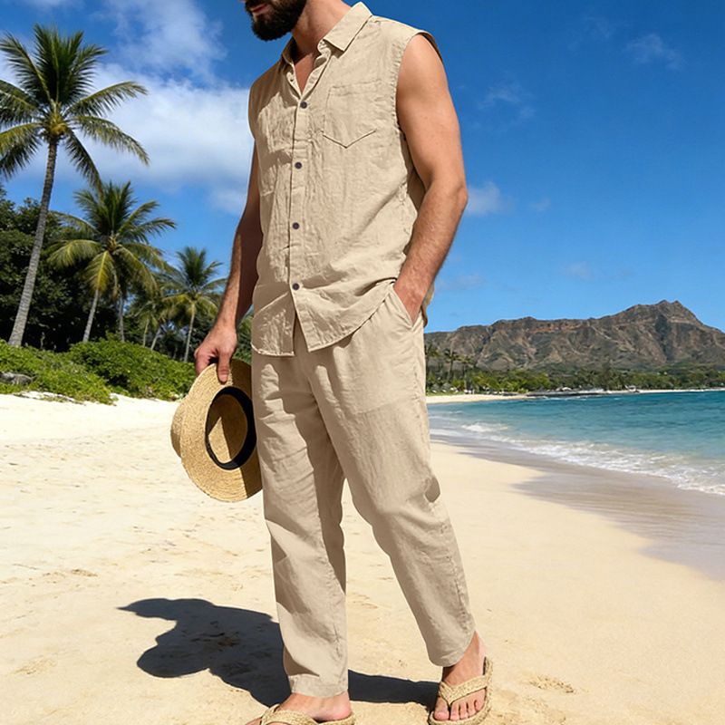 Men's Linen Hawaiian Tank Top & Loose Fit Beach Pants Set | Breathable Summer Outfit For Vacation Resort Wear_viptrois.com