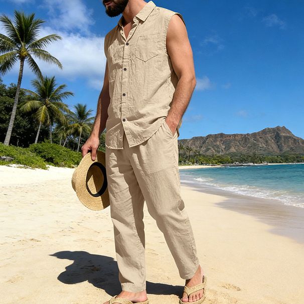 Men's Linen Hawaiian Tank Top & Loose Fit Beach Pants Set | Breathable Summer Outfit For Vacation Resort Wear_viptrois.com