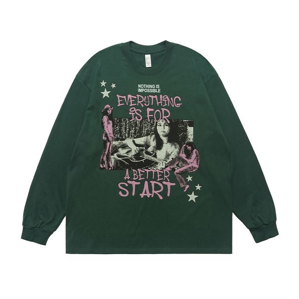 American Street Style Girl Crew Neck Pure Cotton Long Sleeve T-Shirt Unisex Couple Casual Versatile Top Autumn_viptrois.com