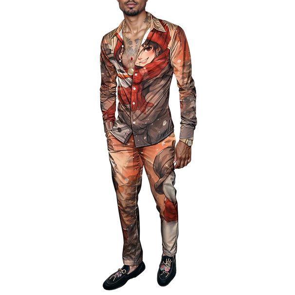 2025 Spring Summer Men Shirt Set Christmas Print Fashion Gingerbread Man Two Piece Set Mens Snowman Lightweight Party Long_viptrois.com