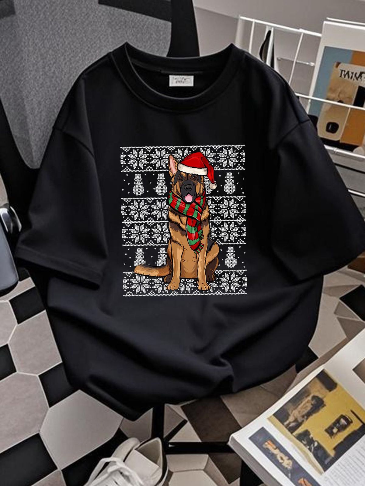 NEW LIMITED Santa Hat Xmas Ger Shepherd Ugly Christmas T-Shirt Size S-5XL Homme Stretched Unisex Breathable Summer Designer Clothes_viptrois.com
