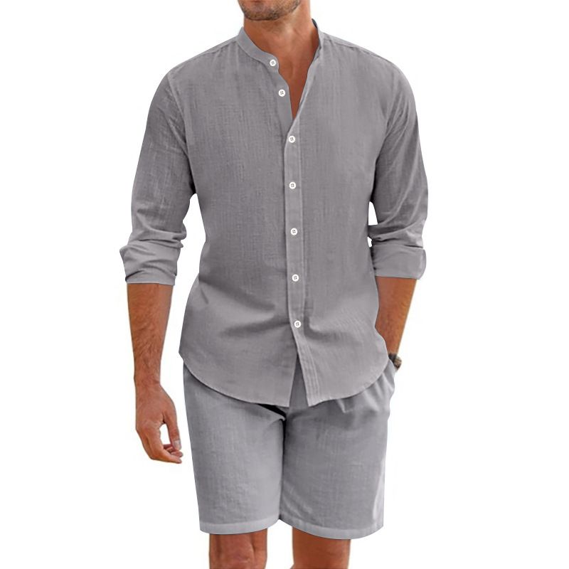 Men's Clothing Summer Two Piece Cotton And Linen Button Down Shirt Long Sleeved Shorts Cardigan Beach Suit_viptrois.com