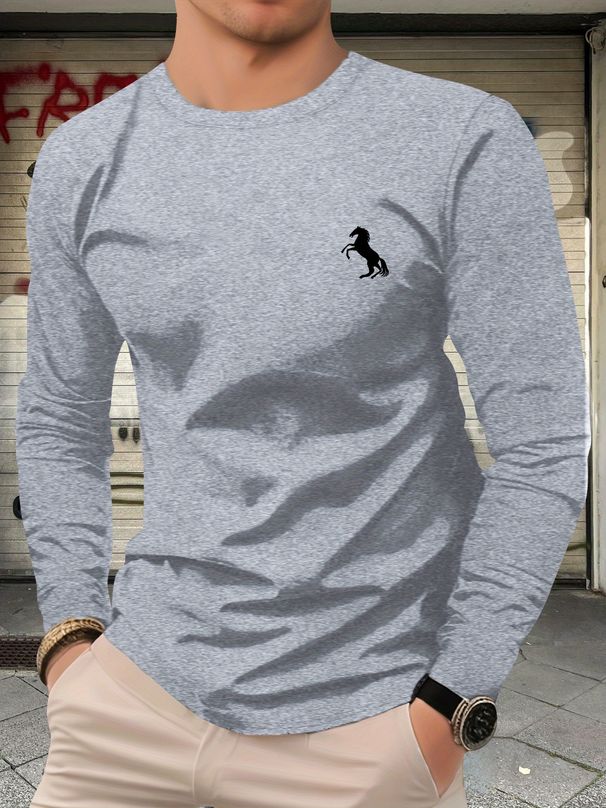 Camiseta De Manga Larga Con Cuello Redondo Y Estampado De Tendencia De Moda Deportiva Informal, Holgada Y Cómoda, 100% Algodón Puro Para Hombre_viptrois.com