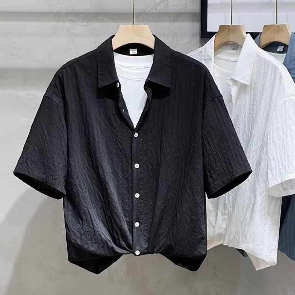 Men's Textured Short-Sleeved Shirt Summer Style Ice Silk High-End Drape Three Quarter Sleeve Sophisticated Mature Clothing_viptrois.com