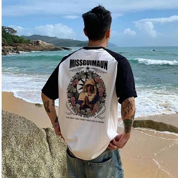 High Street Pure Cotton Trendy Brand Contrasting Short Men's T-shirt Summer American Loose Fitting Patchwork Half_viptrois.com