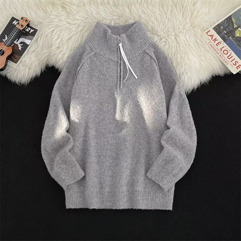 Autumn And Winter High Collar Half Zipper Sweater, Casual Loose Knitted Sweater With Pullover And Outer Thread Tie_viptrois.com