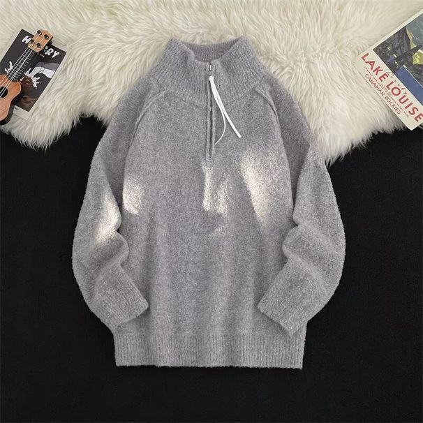 Autumn And Winter High Collar Half Zipper Sweater, Casual Loose Knitted Sweater With Pullover And Outer Thread Tie_viptrois.com