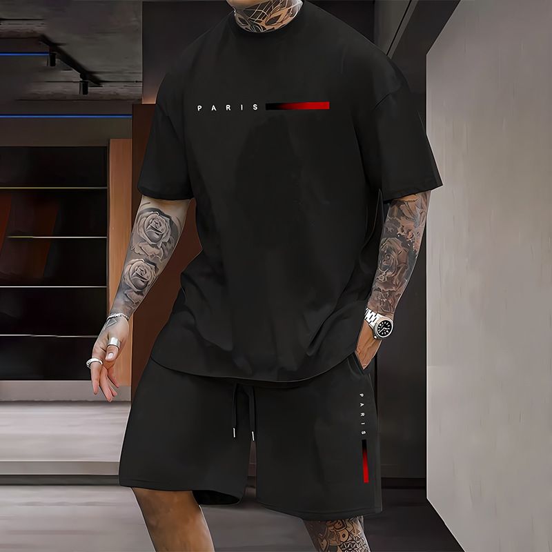 Men's Summer Suits New Style Positioning Printing Fashion Short Sleeved Shorts Two Piece Suits Leisure Sports_viptrois.com