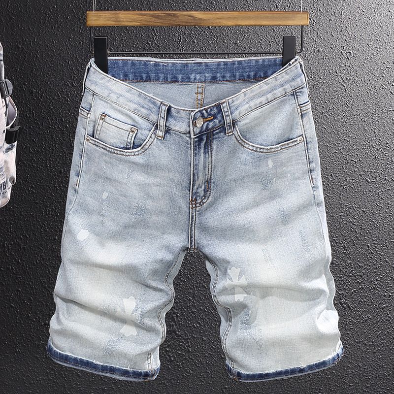 Men's Thin Light Blue Shorts Denim Shorts Youth Trend Worn Print Stretch Slim Fit Mid-Length Pants _viptrois.com