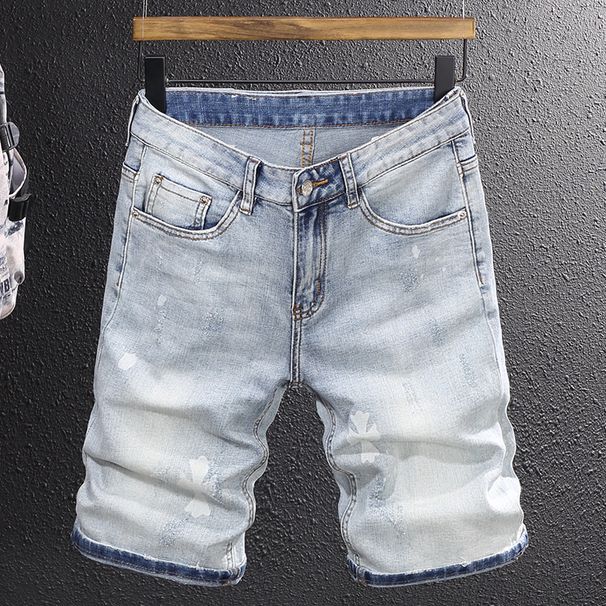 Men's Thin Light Blue Shorts Denim Shorts Youth Trend Worn Print Stretch Slim Fit Mid-Length Pants _viptrois.com