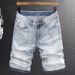 Men's Thin Light Blue Shorts Denim Shorts Youth Trend Worn Print Stretch Slim Fit Mid-Length Pants _viptrois.com