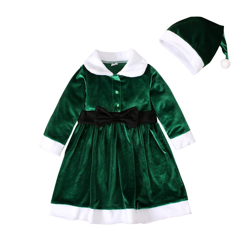 Christmas Children Spring and winter Christmas long-sleeved dress bow belt children's dress + hat children's clothing ins_viptrois.com