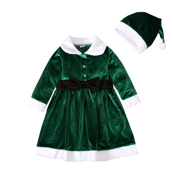 Christmas Children Spring and winter Christmas long-sleeved dress bow belt children's dress + hat children's clothing ins_viptrois.com