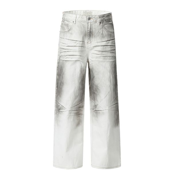 American High Vintage White Jeans Men's Loose Fit Cool Hip-Hop Street Style Straight Pants Long Trousers_viptrois.com