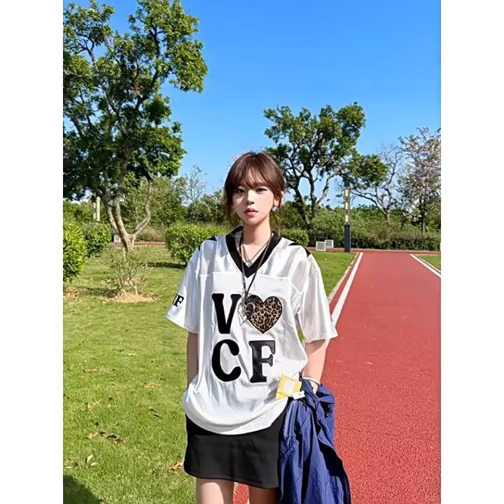 American-style V-neck Sports Short-sleeve T-shirt , Loose Fit For Summer , Color-blocking Mesh Jersey Style,_viptrois.com