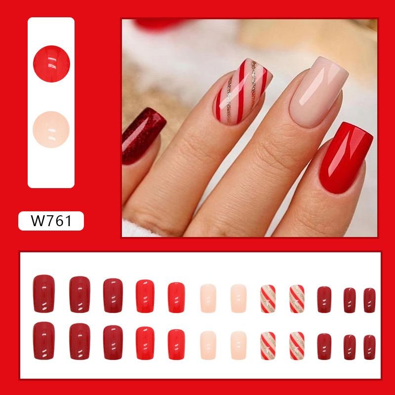Solid Color Bright Red Full Armor Christmas Stripe Nail Art Fashion European Square Nail Wearable Nail Nails_viptrois.com