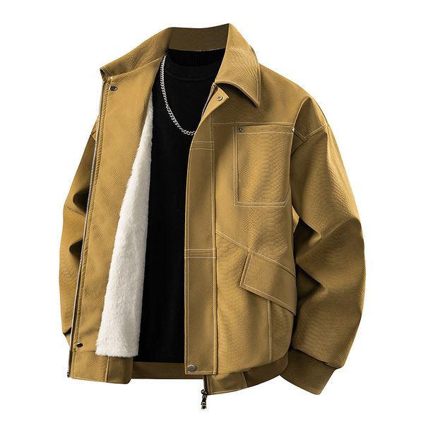 New Winter Leather Jacket With Fleece Lining, Thickened Men's American Style Solid Color Warm Windproof Turn-Down Collar_viptrois.com