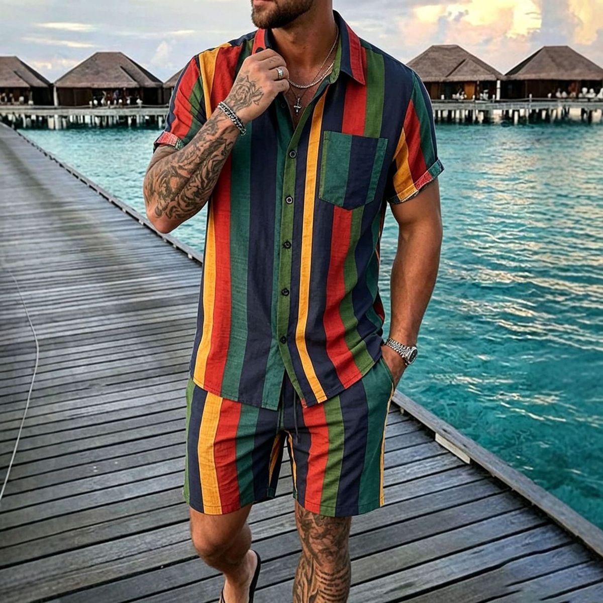 Men's Hawaiian Beach Shirt And Shorts Set Colorful Striped Short Sleeve Two-Piece Casual Outfit_viptrois.com