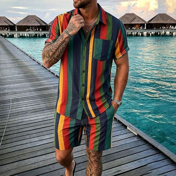 Men's Hawaiian Beach Shirt And Shorts Set Colorful Striped Short Sleeve Two-Piece Casual Outfit_viptrois.com