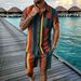 Men's Hawaiian Beach Shirt And Shorts Set Colorful Striped Short Sleeve Two-Piece Casual Outfit_viptrois.com