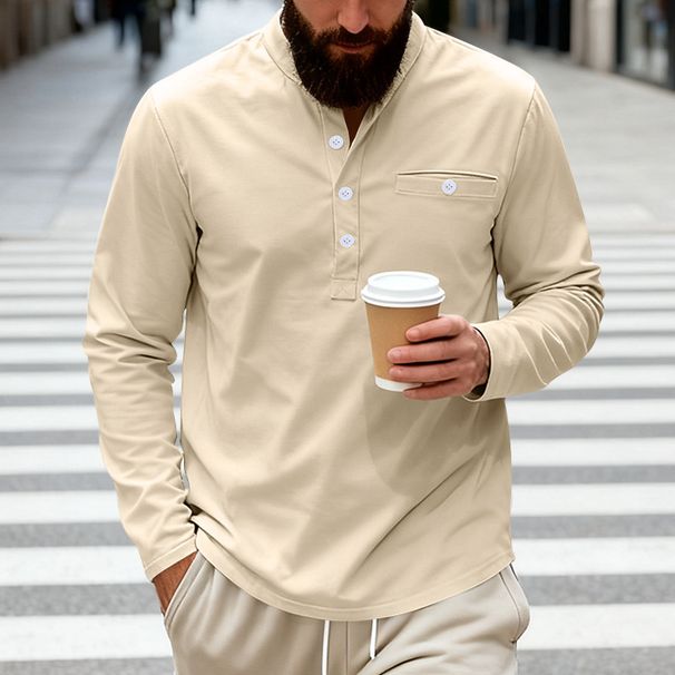 "Men's Heavyweight Twill Henley Shirt – Classic Style Long-Sleeve Layering Tee (S-XXXL, 7 Colors)"_viptrois.com