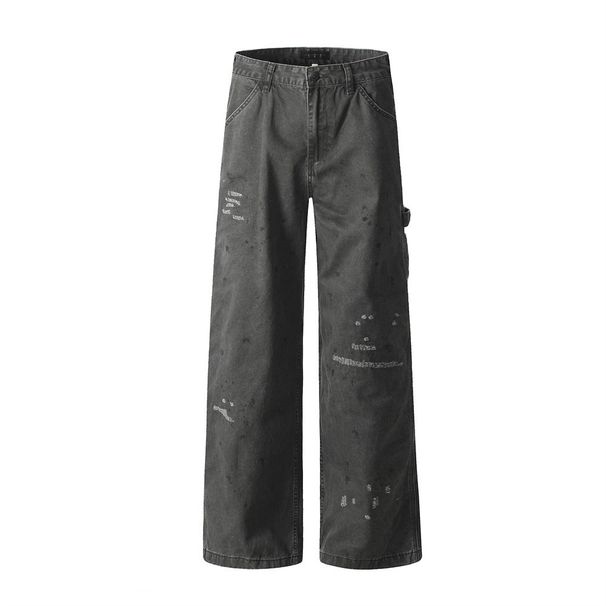 Ink-Splattered Distressed Straight-Leg Jeans For Men Loose Design Sense Niche Trend Hip-Hop Wide-Leg Floor-Length Pants_viptrois.com