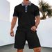 Men's Waffle Knit Short Sleeve Shirt & Shorts Set - Lapel Collar With Zipper Detail, Solid Color Casual Outfit_viptrois.com