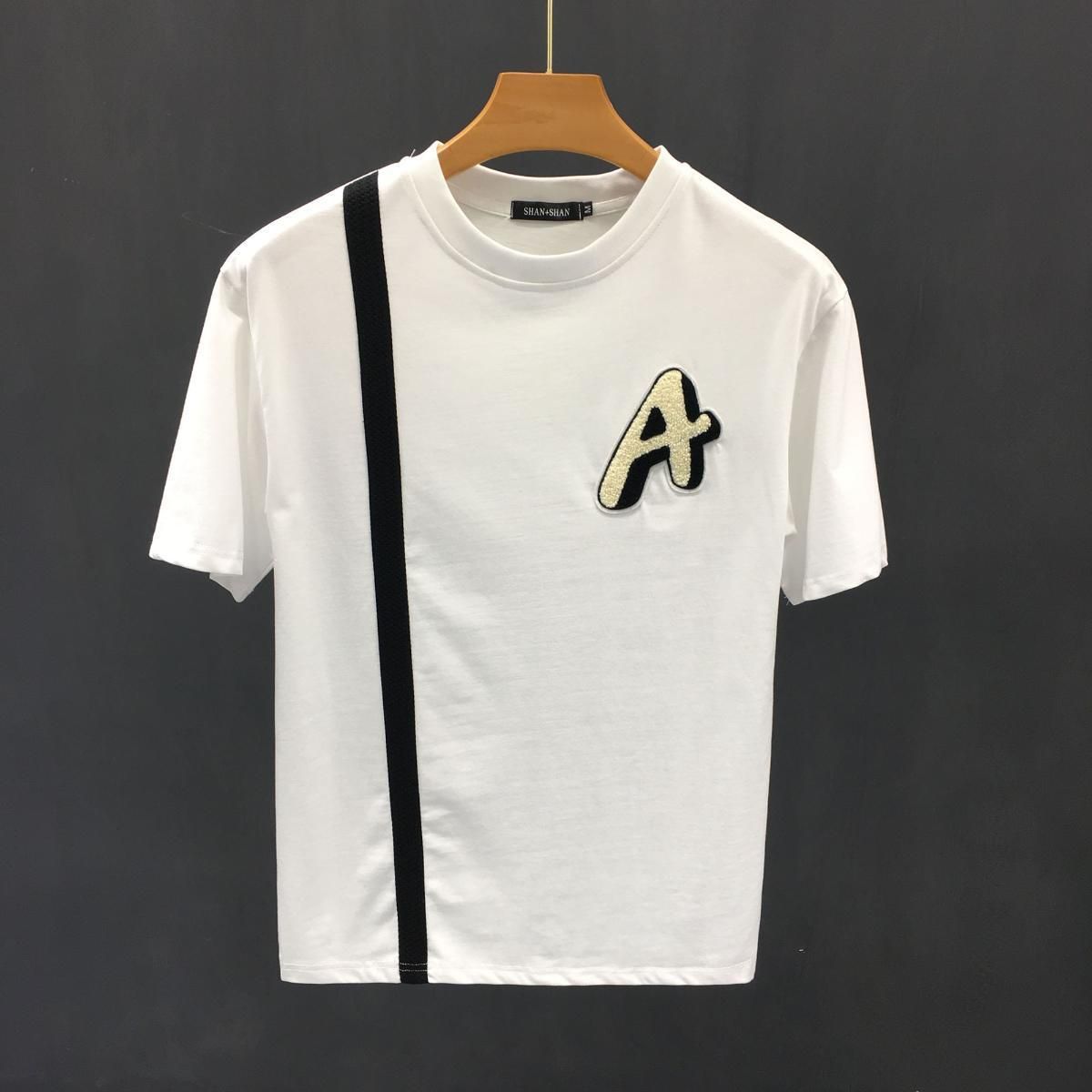 Summer Men's Strip Labelled Short-sleeved T-shirt Men's Ins Korean Version Trendy Brand Round Neck Clothes Versatile Simple Half-sleeved T-shirt_viptrois.com