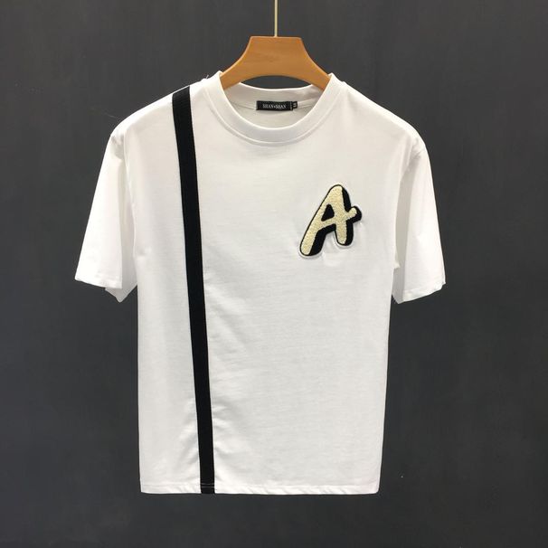 Summer Striped Label Short Men's Ins Korean Version Trendy Brand Round Neck Top Clothes Versatile Simple Half Sleeved_viptrois.com