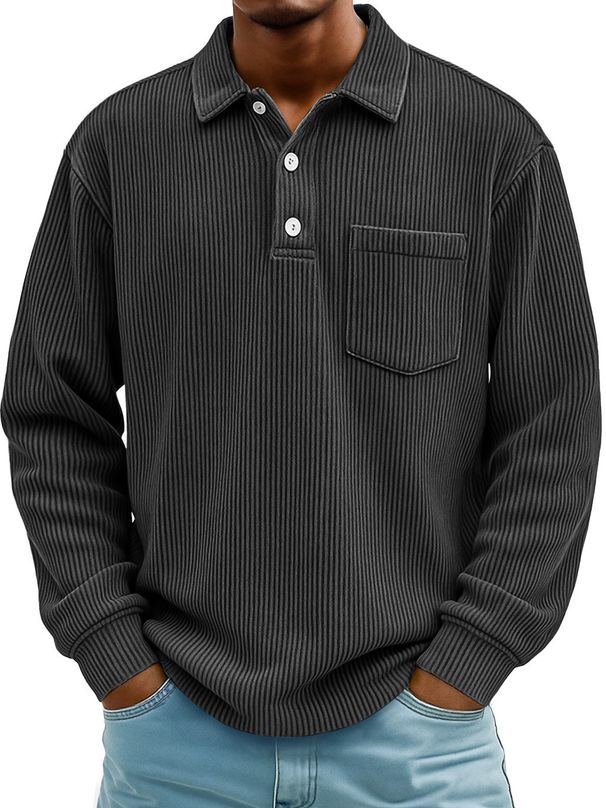 Men's Corduroy Polo Shirt – Slim Fit Long Sleeve Casual Shirt With Striped Texture (Breathable Polyester, Versatile Layering For Urban)_viptrois.com