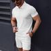 Men's Clothing Summer Casual Men's Polo Shirt Suit Solid Color Waffle Lapel Short Sleeve Two Piece_viptrois.com