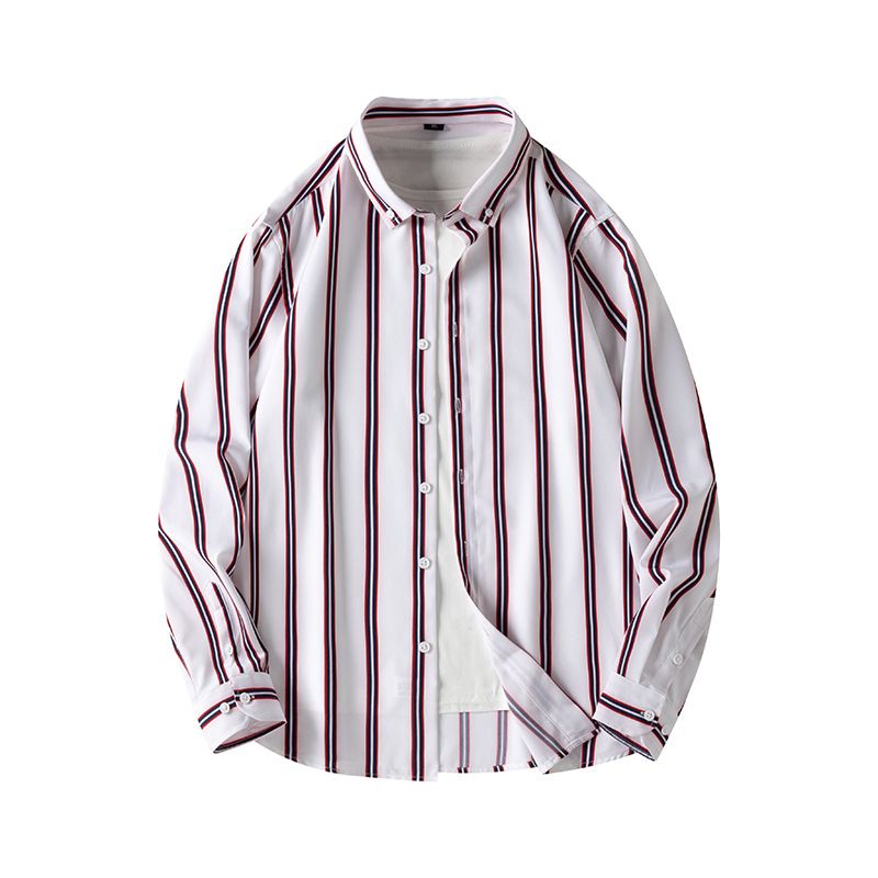 Men's Korean Style Striped Shirt Jacket - Urban Casual Long Sleeve Lapel Top, All-Match Trendy Oversized Coat (Dark Blue/White/Black_viptrois.com
