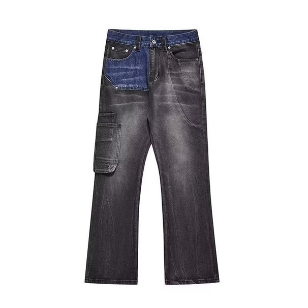 Men's Clothing New Straight Tube Micro Flared Workwear Jeans High Street Washed Gray Splicing Pants_viptrois.com