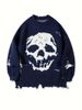 Gothic Hip Hop Streetwear Sweater With Skull Jacquard & Distressed Details – Oversized Unisex Knit Pullover For Men & Women_viptrois.com