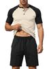 Men's Summer Casual V-Neck Color Block Short Sleeve T-Shirt & Shorts Set - Breathable & Comfortable Outfit For Sports & Daily Wear_viptrois.com