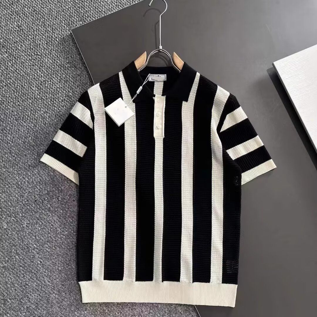 Men's Clothing Color Contrast Lapel Knitted Striped Short Sleeved Shirt Breathable Handsome Trendy All Match T Shirt_viptrois.com