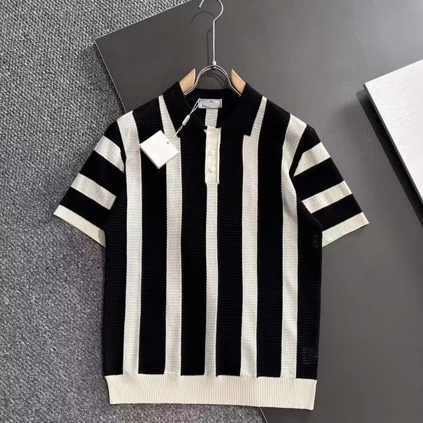 Men's Clothing Color Contrast Lapel Knitted Striped Short Sleeved Shirt Breathable Handsome Trendy All Match T Shirt_viptrois.com