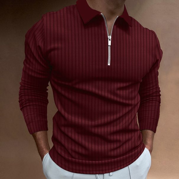 2025 Cross Border European And American Men's Autumn Sports Fitness Casual Stand Collar Elastic Vertical Striped Long Sleeve Zip Up Polo Shirt_viptrois.com