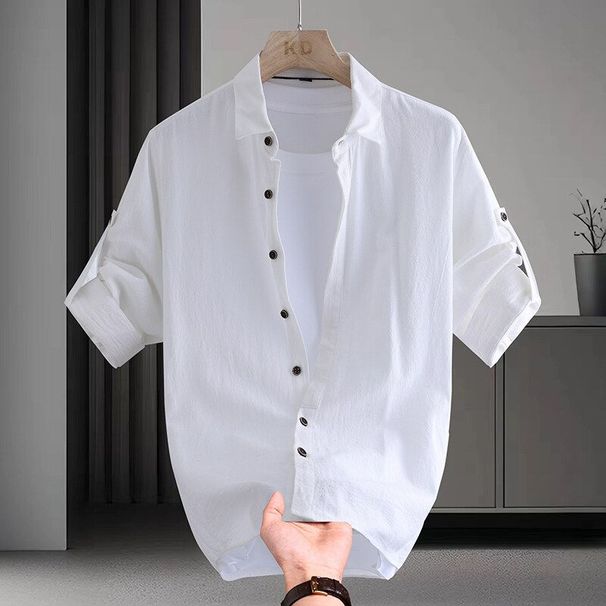 Short-sleeved Shirt Men's Summer Blue Thin Breathable Casual Versatile Shirt Men's Solid Color Mid-sleeved Shirt_viptrois.com