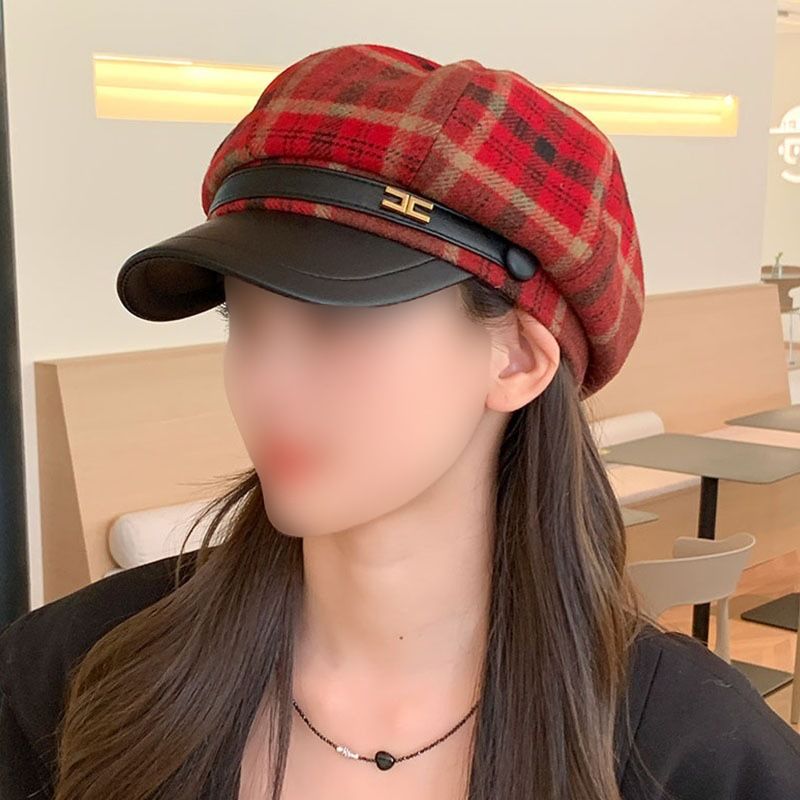 2024 Korean Version Plaid Octagonal Beret For Women Spring And Autumn Newsboy Internet Celebrity Fashion Baseball Cap_viptrois.com
