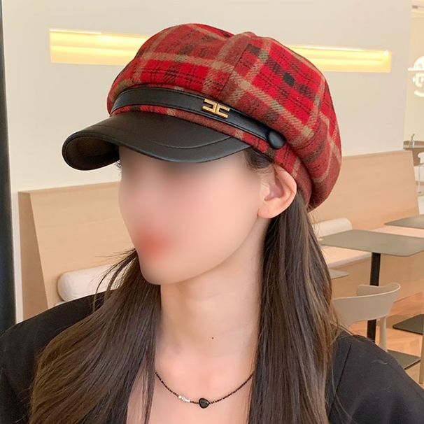 2024 Korean Version Plaid Octagonal Beret For Women Spring And Autumn Newsboy Internet Celebrity Fashion Baseball Cap_viptrois.com