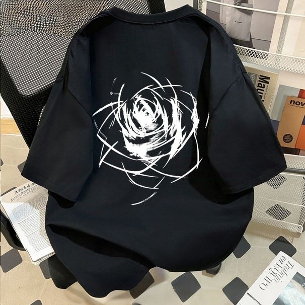Cotton National Trend Sketch Lotus Men's Short Sleeve T-Shirt Trendy Brand Print Handsome_viptrois.com