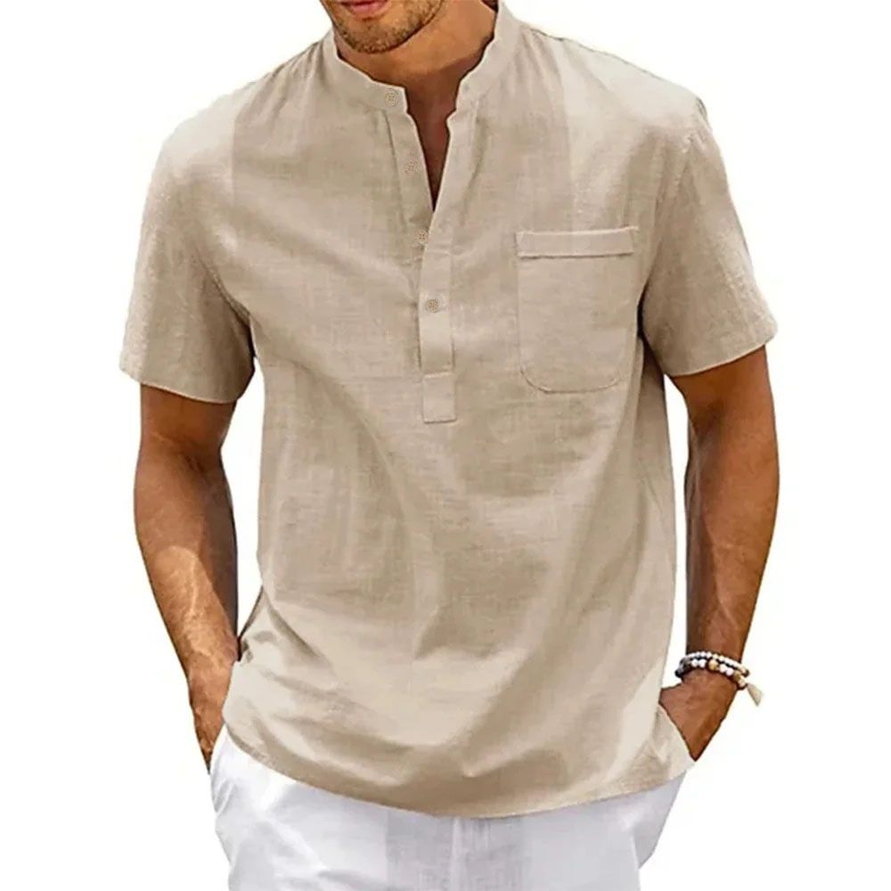 Baumwolle Leinen Hemd Männer Henley Neck Tasche Casual Strand Kurzarm Einfarbig Männlich Tops T-shirts Vintage Streetwear_viptrois.com
