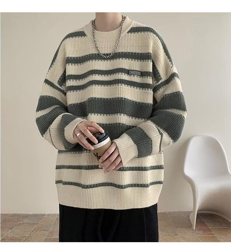New sweaters for autumn and winter, knitted jackets for men and couples, lazy and loose striped base shirts for teenagers_viptrois.com